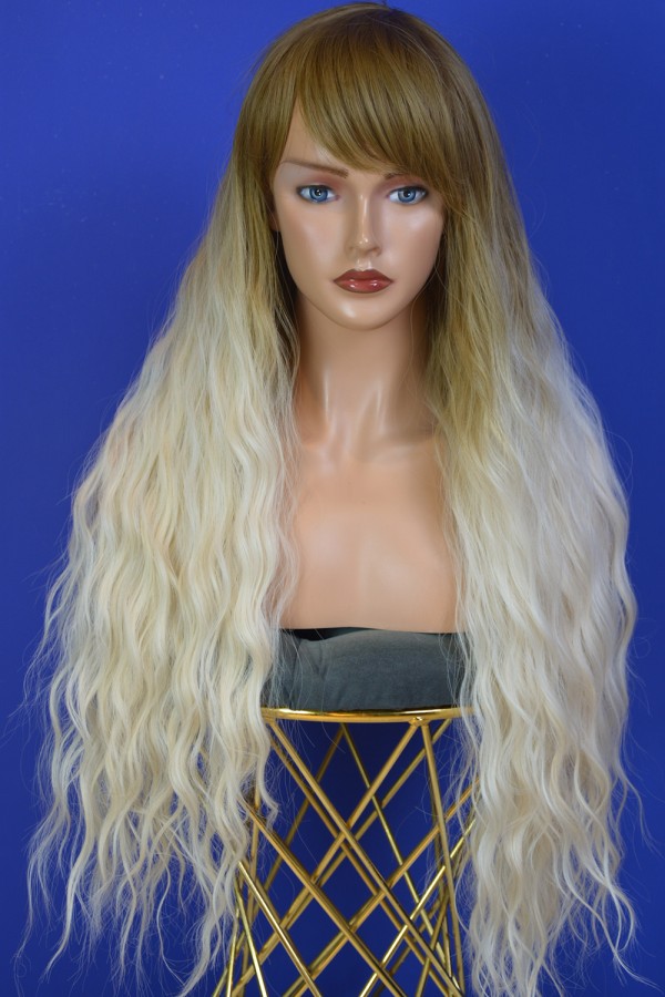 Kahve Platin Ombreli Uzun Fiber Sentetik Perçemli Peruk