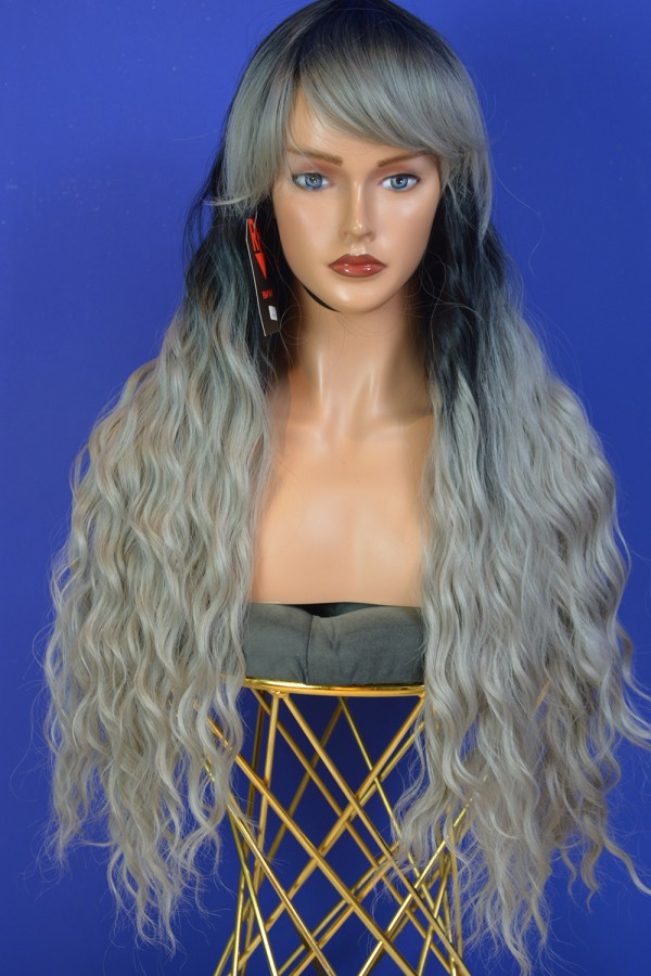 Siyah Gri Ombreli Uzun Fiber Sentetik Perçemli Peruk