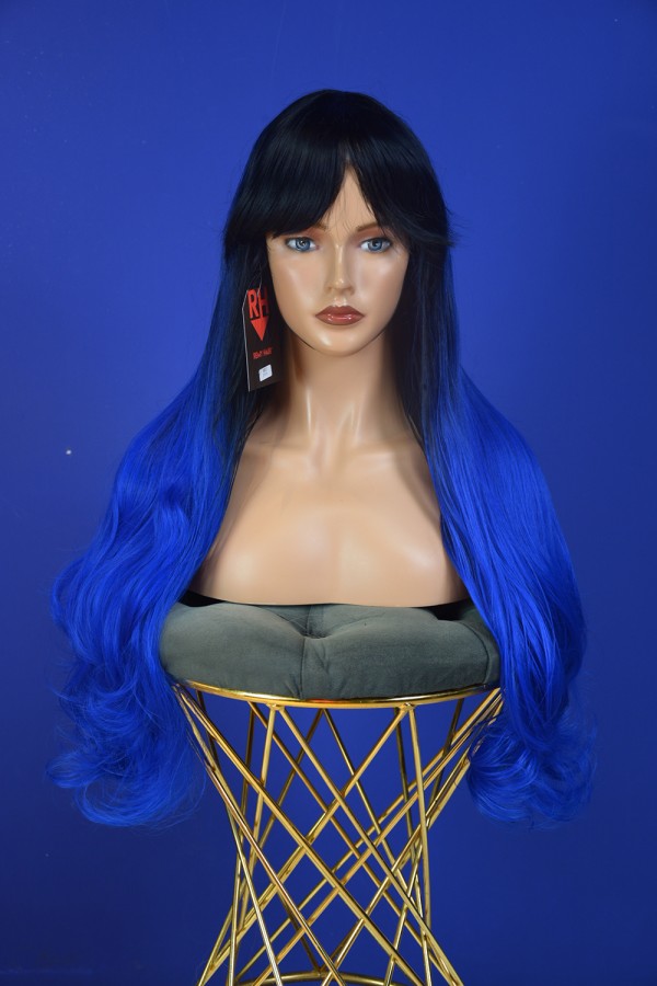 Siyah Mavi Ombreli Kahküllü Uzun Dalgalı Fiber Sentetik Peruk