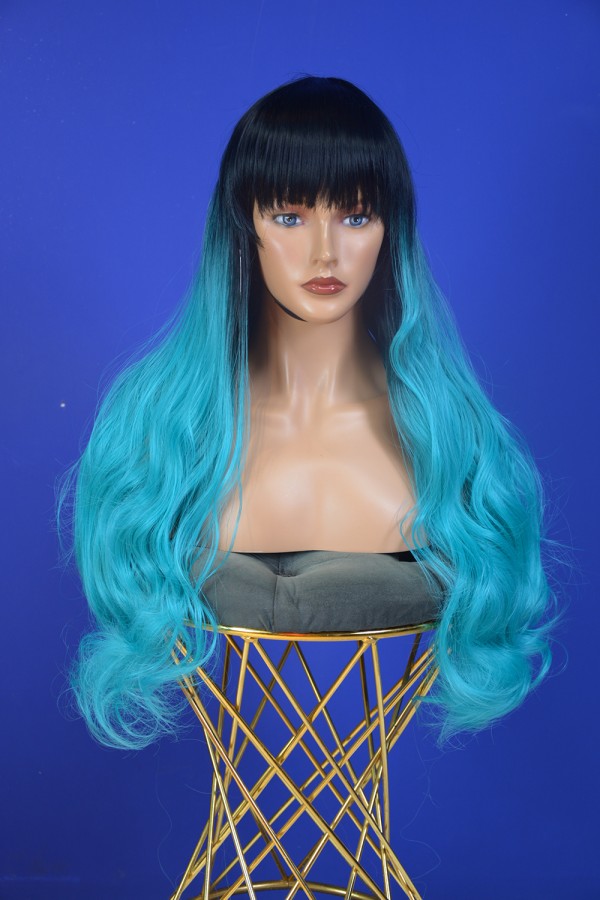 Siyah Turkuaz Ombreli Kahküllü Uzun Dalgalı Fiber Sentetik Peruk