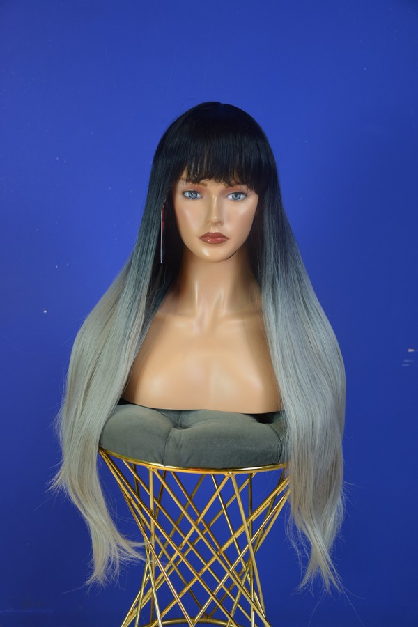 Siyah Gri Ombreli Kahküllü Uzun Düz Fiber Sentetik Peruk