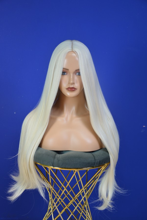 Platin Uzun Düz Fiber Sentetik Perçemsiz Peruk