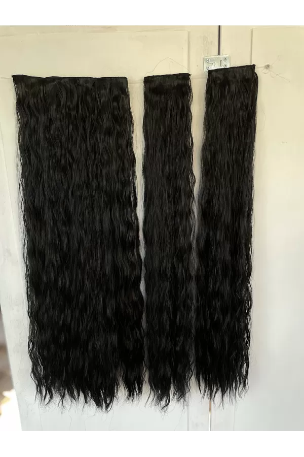 Siyah Afro Dalgalı Uzun Yarım Ay Saç – 3 Parça Çıt Çıt 80cm. 270 gr. VIP SERI pl-015-2