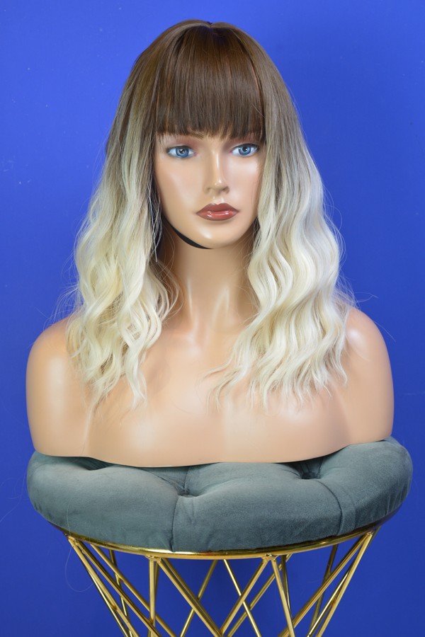 Kumral Platin Ombreli Dalgalı Fiber Sentetik Kısa Peruk