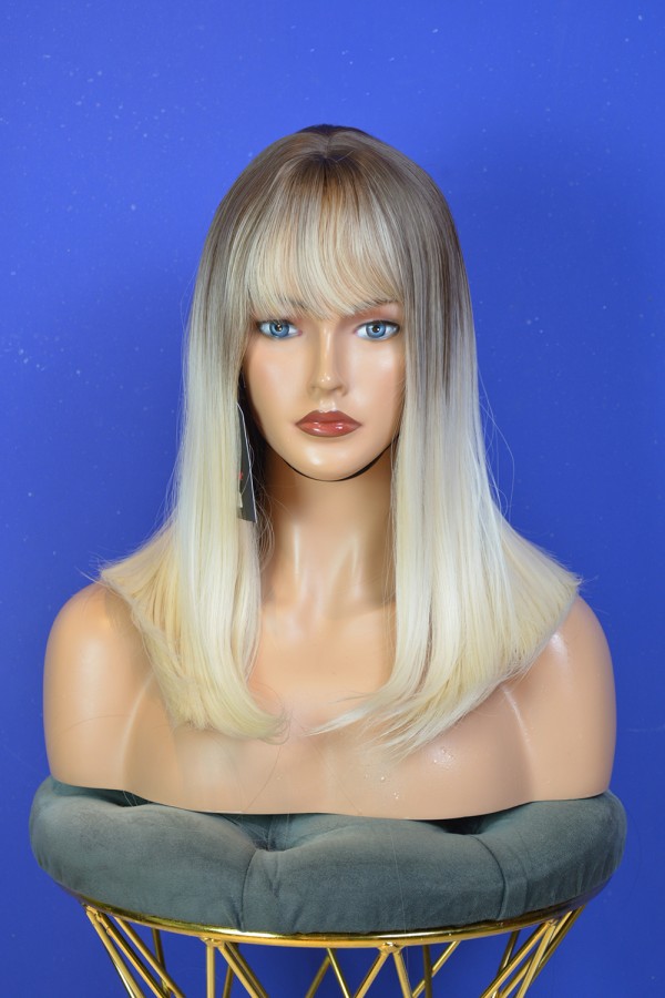 Fiber Sentetik Kahve Platin Ombreli Orta Boy Perçemli Peruk