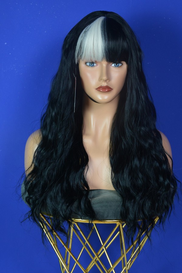 Uzun Boy Siyah Fiber Sentetik Beyaz Perçemli Peruk