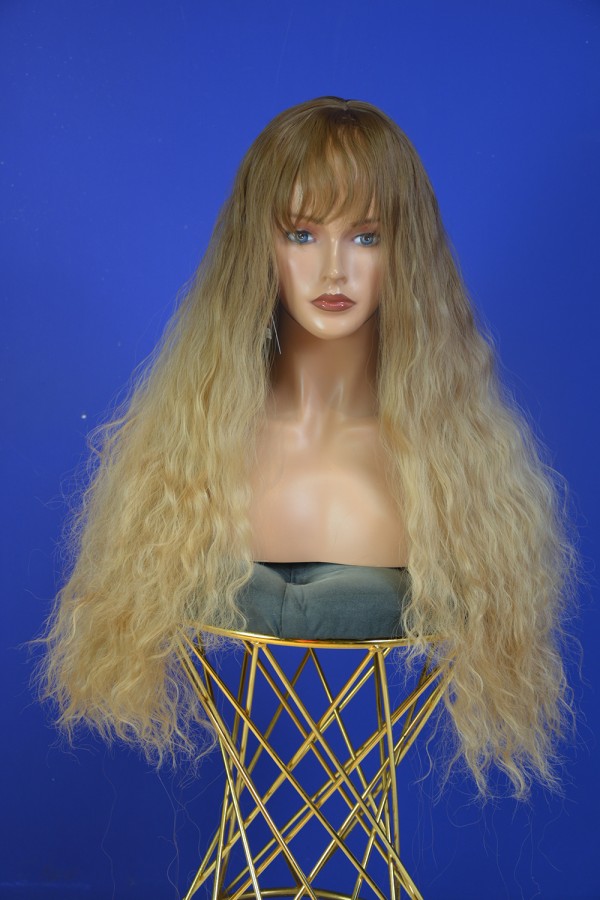 Koyu Kahve - Karamel Afro Dalgalı Uzun Fiber Sentetik Perçemli Peruk